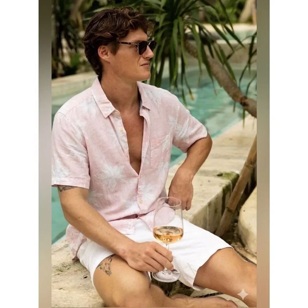 Ben Sherman Linen Rayon Shirt L Pink White Tropical Button Down Men's Summer